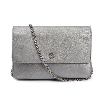 Chanel Silver Calfskin Leather CC Wallet on Chain