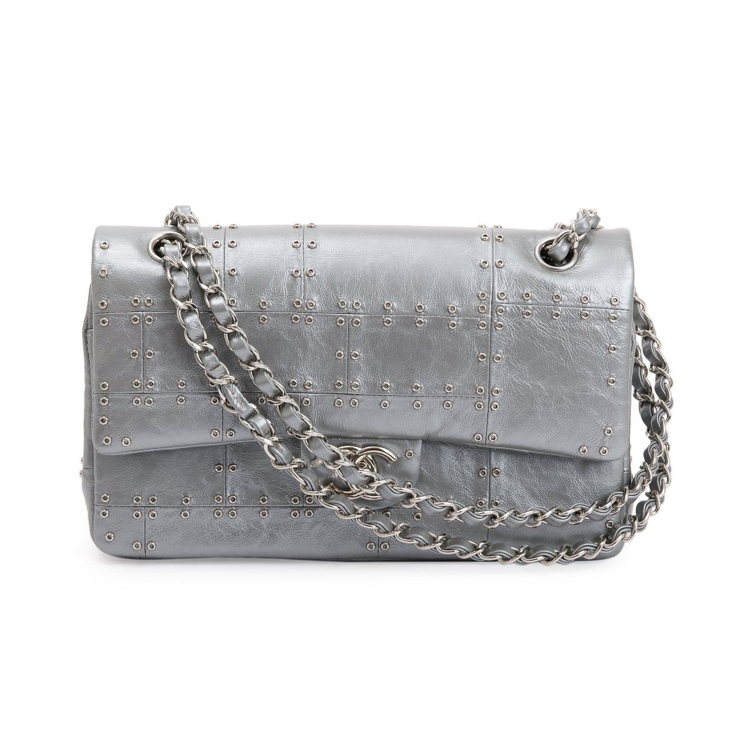 Chanel Silver Calfskin Leather Grommet Airline Medium Double Flap Bag