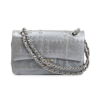 Chanel Silver Calfskin Leather Grommet Airline Medium Double Flap Bag