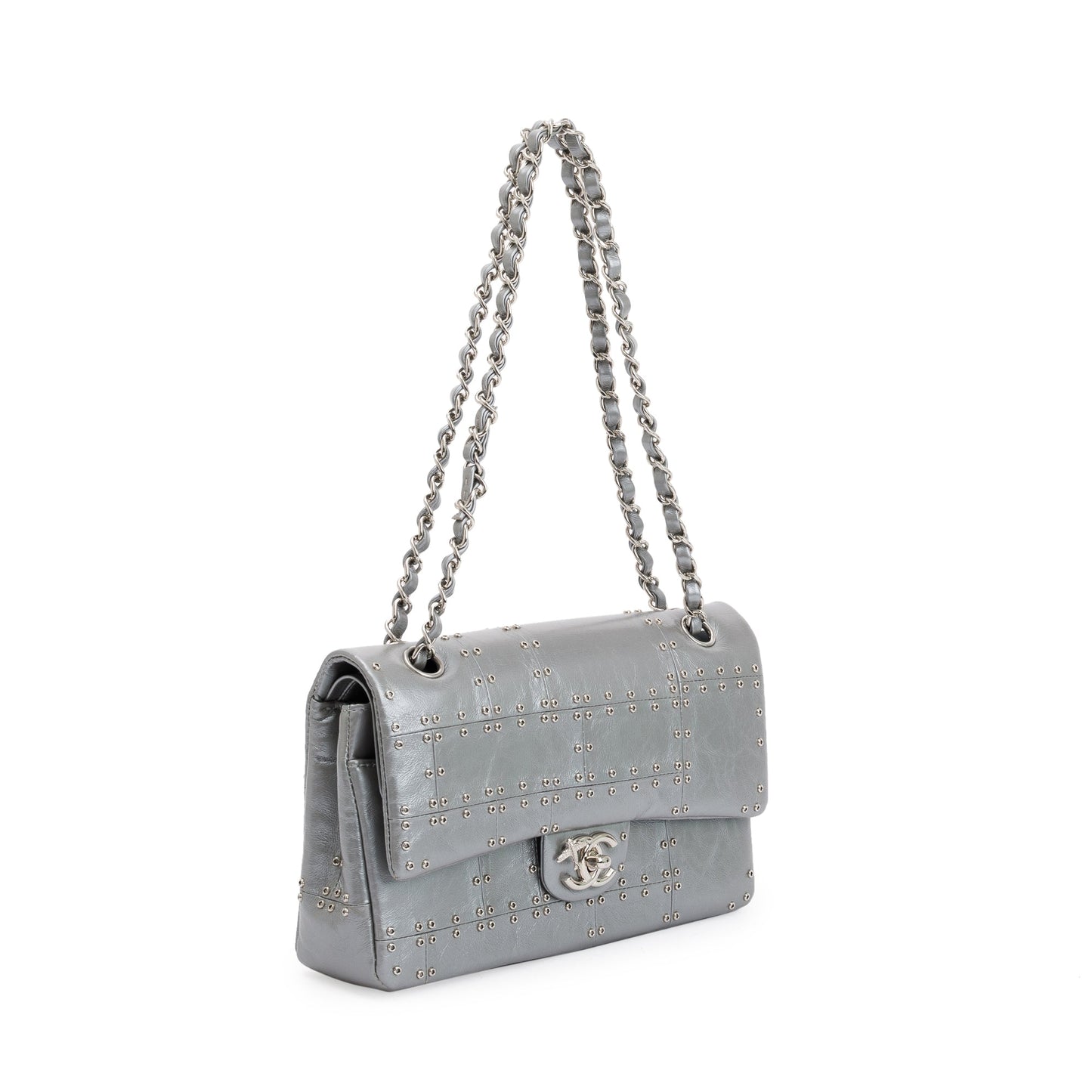 Chanel Silver Calfskin Leather Grommet Airline Medium Double Flap Bag