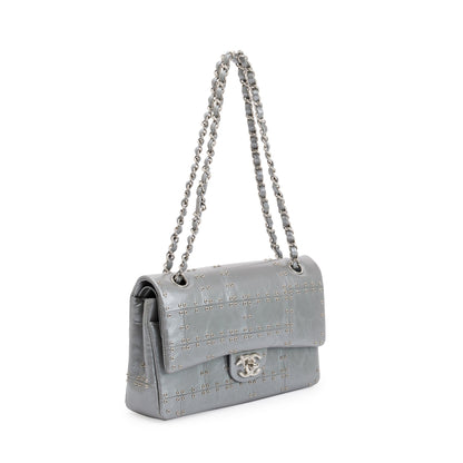 Chanel Silver Calfskin Leather Grommet Airline Medium Double Flap Bag