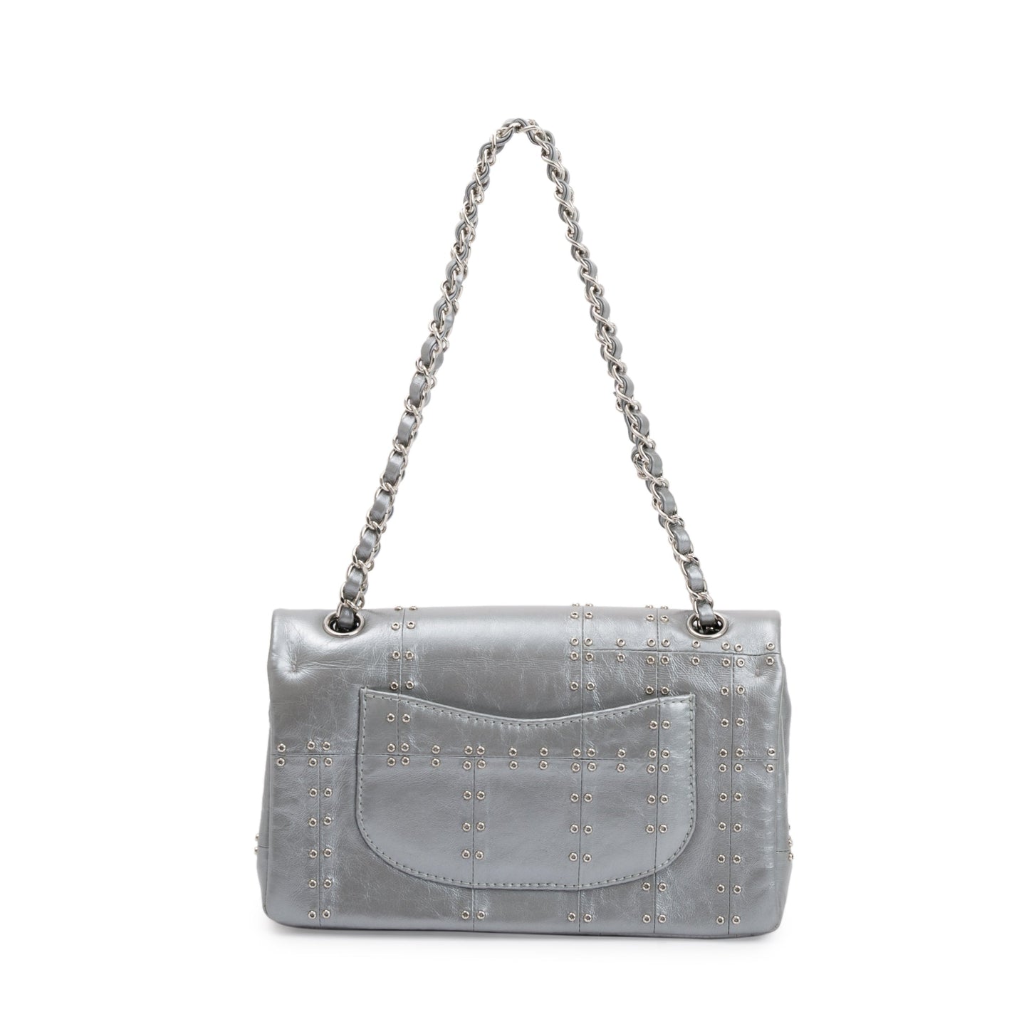 Chanel Silver Calfskin Leather Grommet Airline Medium Double Flap Bag