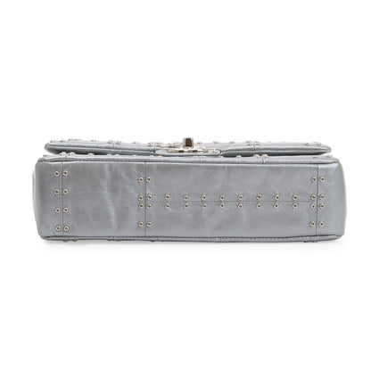Chanel Silver Calfskin Leather Grommet Airline Medium Double Flap Bag