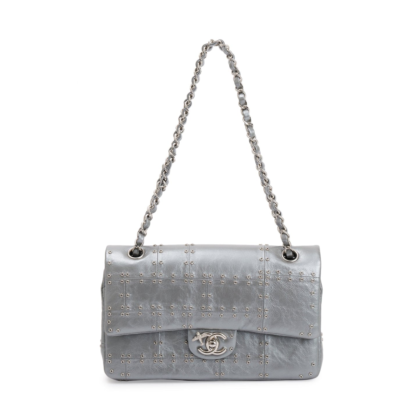 Chanel Silver Calfskin Leather Grommet Airline Medium Double Flap Bag