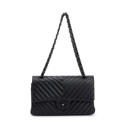 Chanel So Black Chevron Calfskin Leather Classic Medium Double Flap Bag
