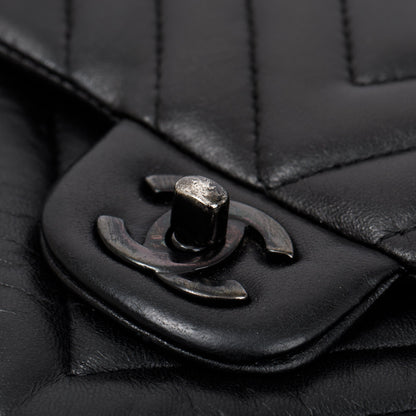 Chanel So Black Chevron Calfskin Leather Classic Medium Double Flap Bag