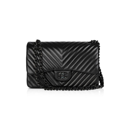 Chanel So Black Chevron Classic Jumbo Double Flap Bag