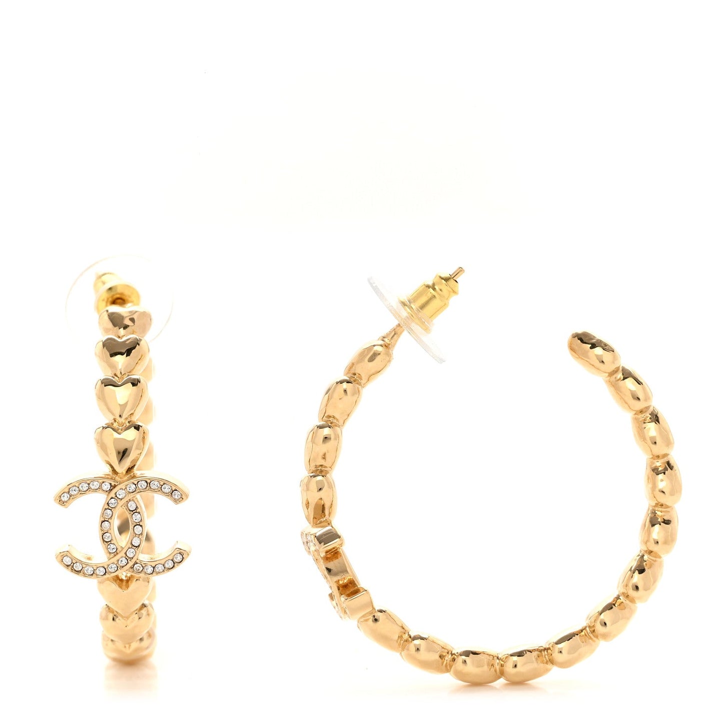 CHANEL STRASS CC CRYSTAL HEART HOOP EARRINGS