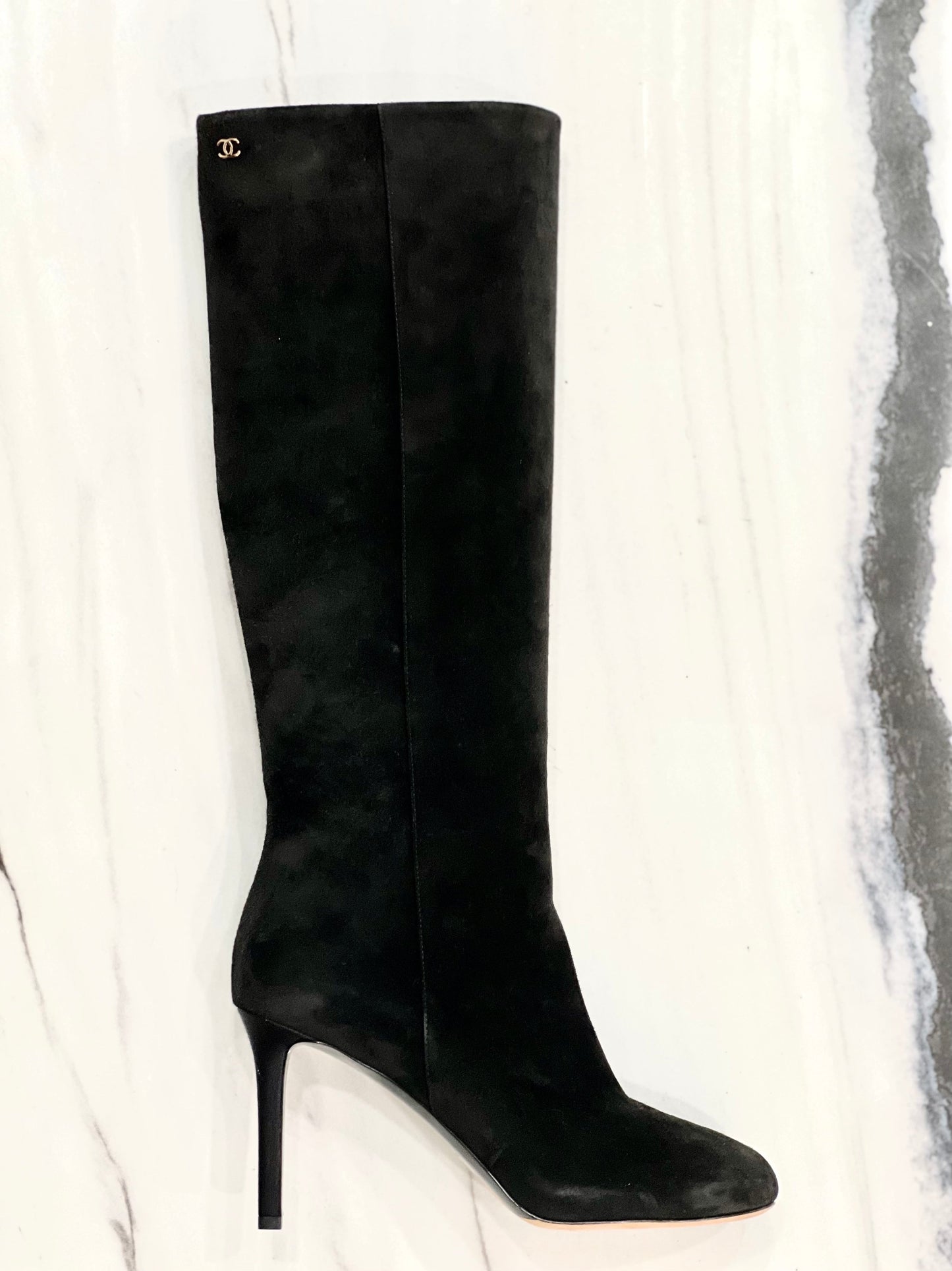 CHANEL CC SUEDE CALFSKIN KNEE HIGH BOOTS