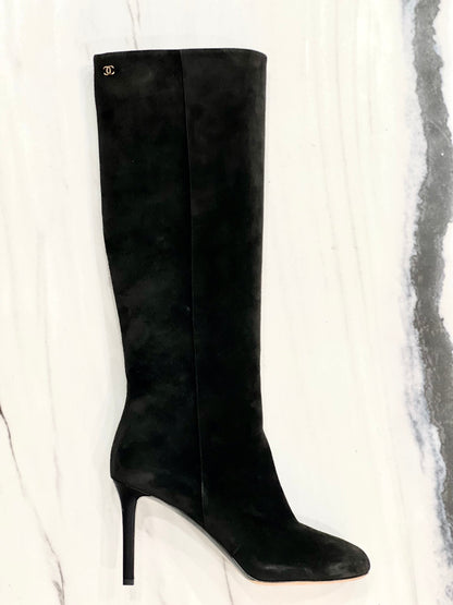 CHANEL CC SUEDE CALFSKIN KNEE HIGH BOOTS