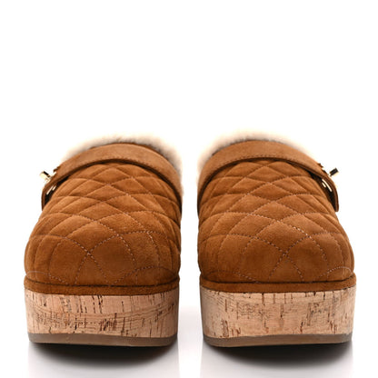 CHANEL SUEDE TURNLOCK CC LOGO SHEARLING MULE CLOGS