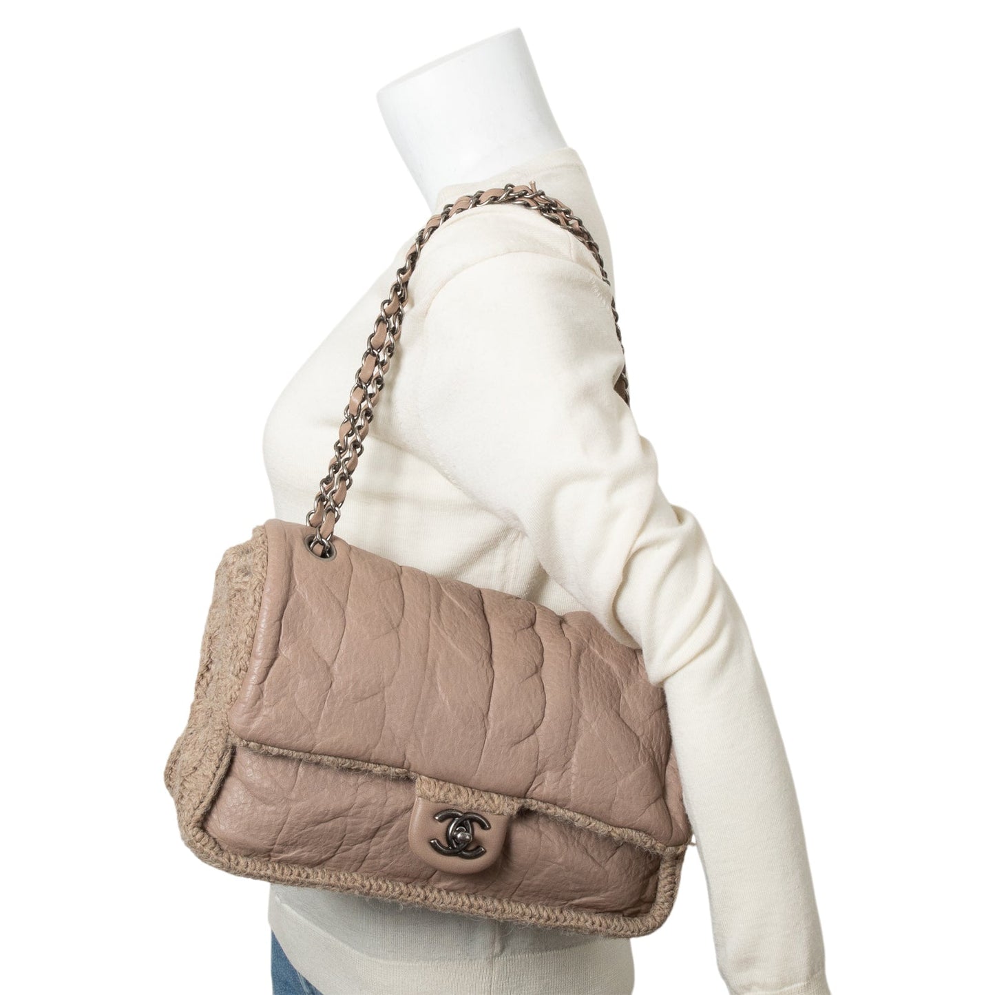 Chanel Taupe Sheepskin & Wool Small Chic Knit Flap Bag