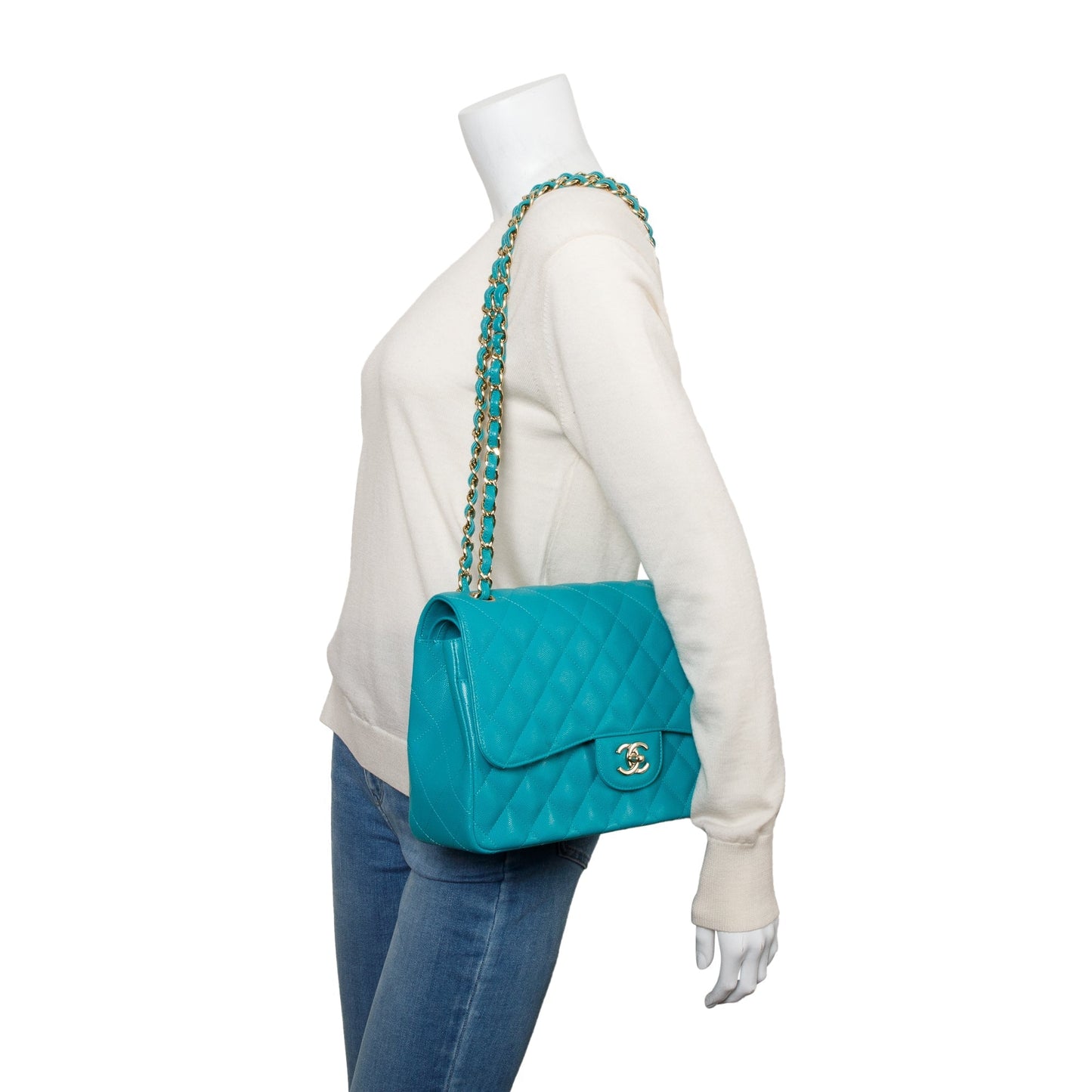 Chanel Turquoise Caviar Leather Classic Jumbo Double Flap Bag