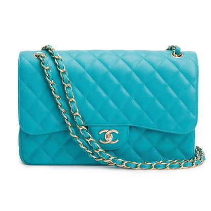 Chanel Turquoise Caviar Leather Classic Jumbo Double Flap Bag