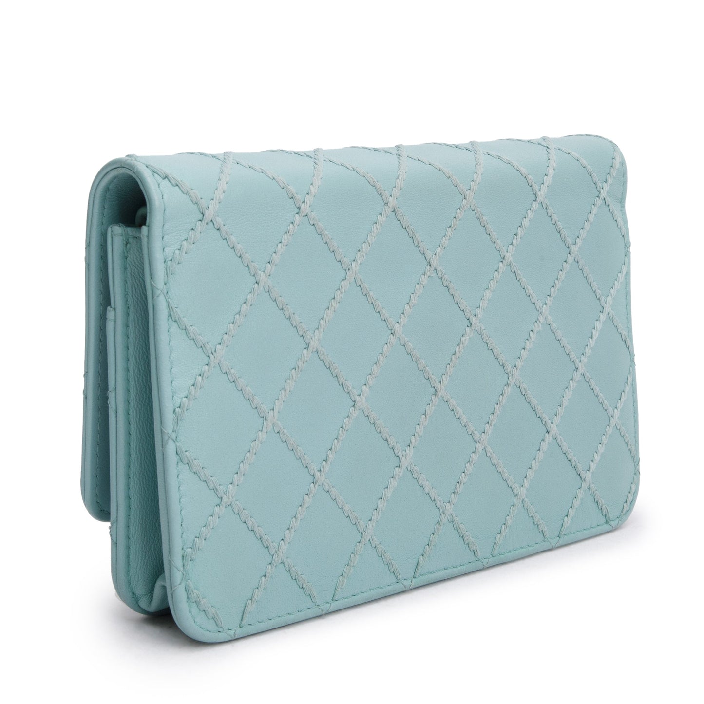 Chanel Turquoise Quilted Calfskin Leather Diamond Stitch Wallet on Chain