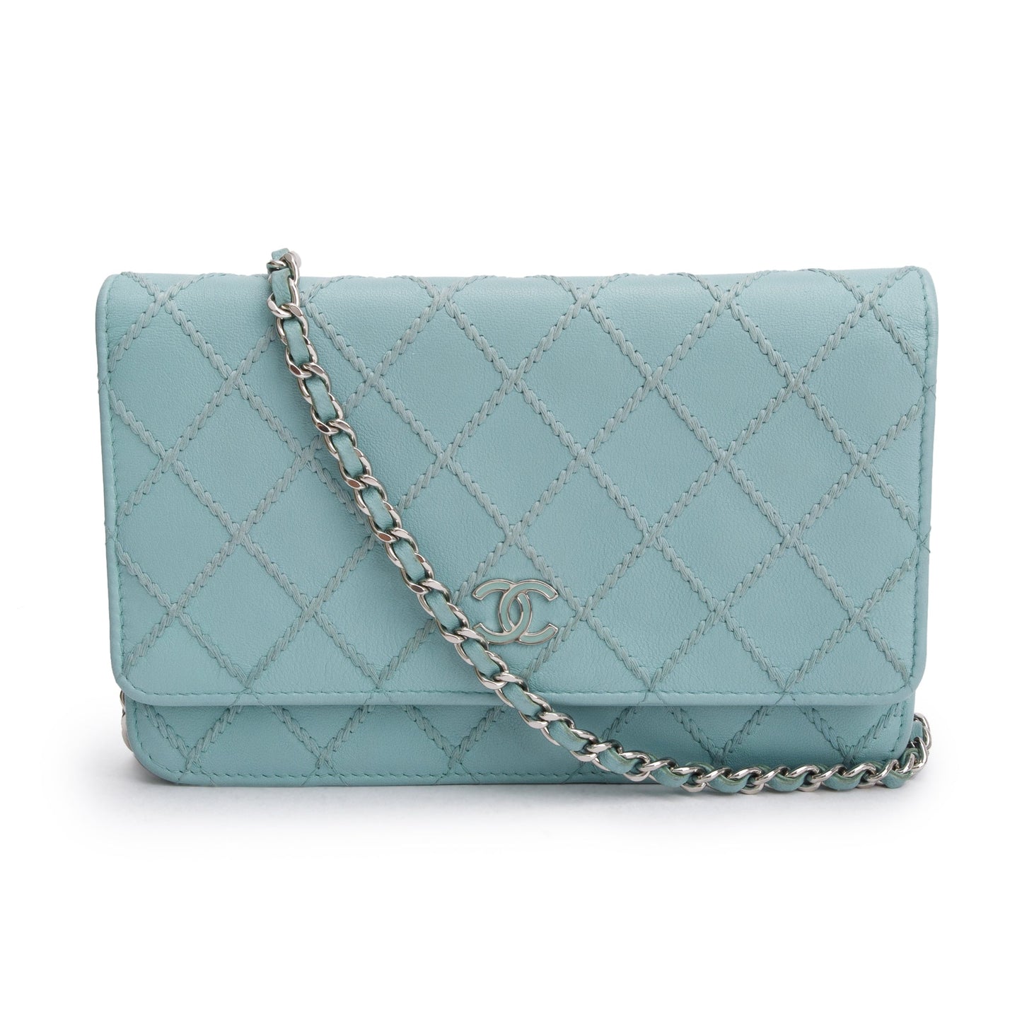 Chanel Turquoise Quilted Calfskin Leather Diamond Stitch Wallet on Chain