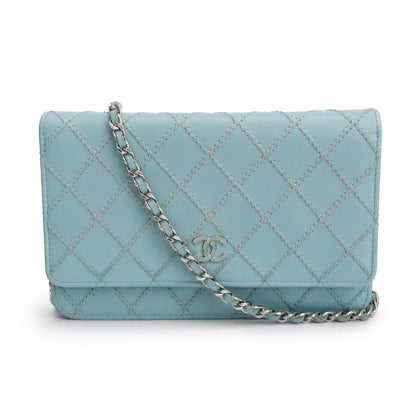 Chanel Turquoise Quilted Calfskin Leather Diamond Stitch Wallet on Chain