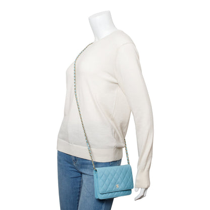 Chanel Turquoise Quilted Lambskin Leather Classic Wallet on Chain