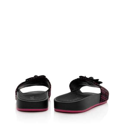 Chanel Tweed And Grosgrain Ribbon Camellia Slide Sandals - Size 8 / 38 (SHF-MS8WJl)