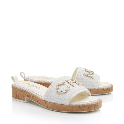 Chanel Tweed Cork CC Chain Slide Sandals - Size 9.5 / 39.5 (SHF-76Whqj)