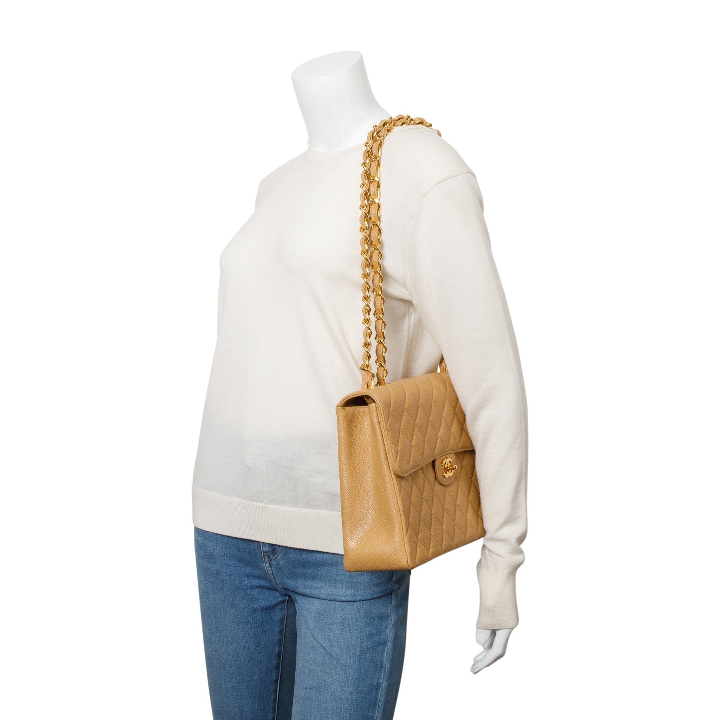 Chanel Vintage Beige Caviar Square Classic Jumbo Single Flap Bag