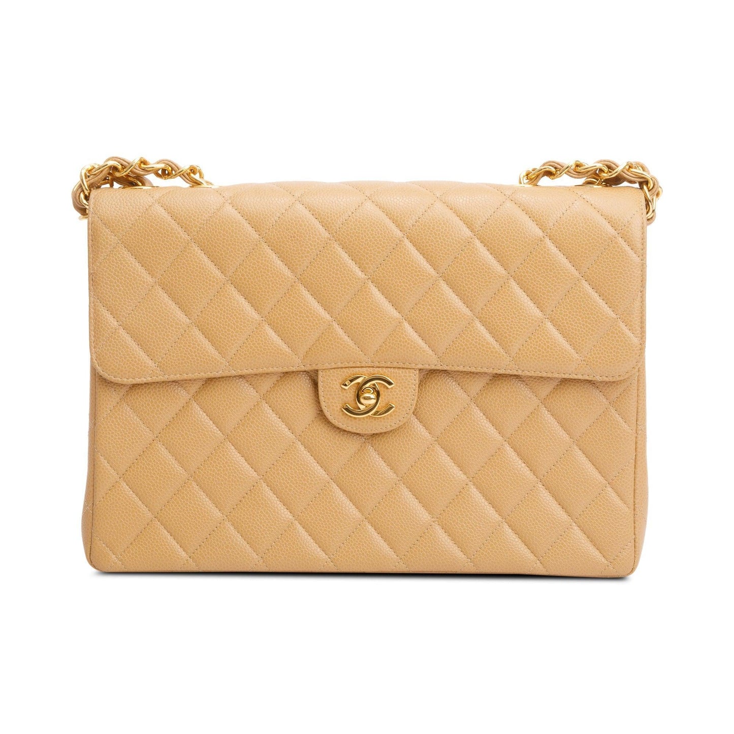 Chanel Vintage Beige Caviar Square Classic Jumbo Single Flap Bag