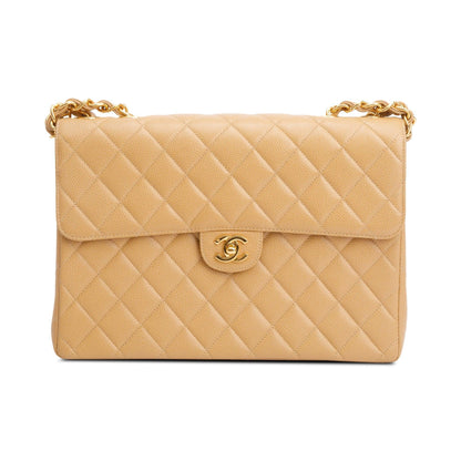 Chanel Vintage Beige Caviar Square Classic Jumbo Single Flap Bag