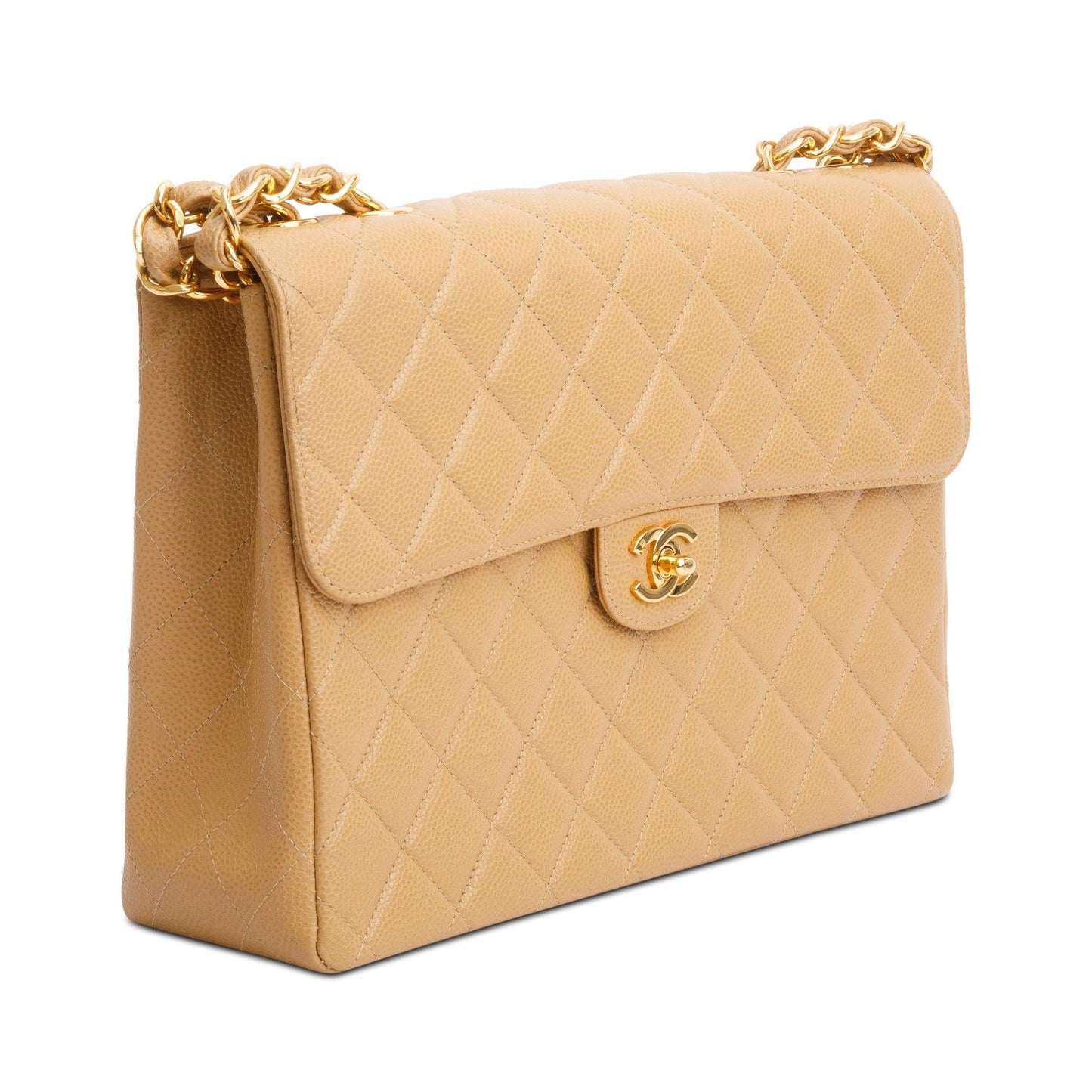 Chanel Vintage Beige Caviar Square Classic Jumbo Single Flap Bag