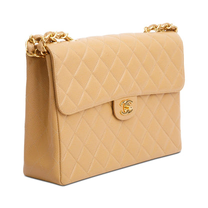Chanel Vintage Beige Caviar Square Classic Jumbo Single Flap Bag