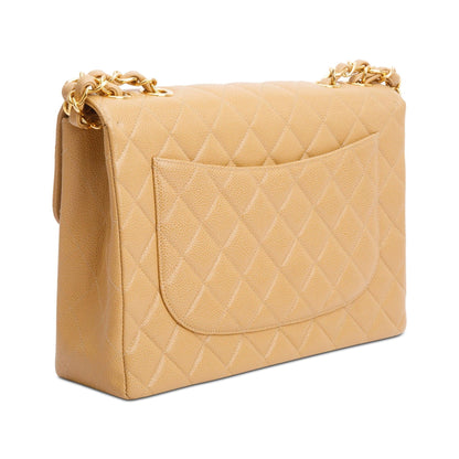 Chanel Vintage Beige Caviar Square Classic Jumbo Single Flap Bag