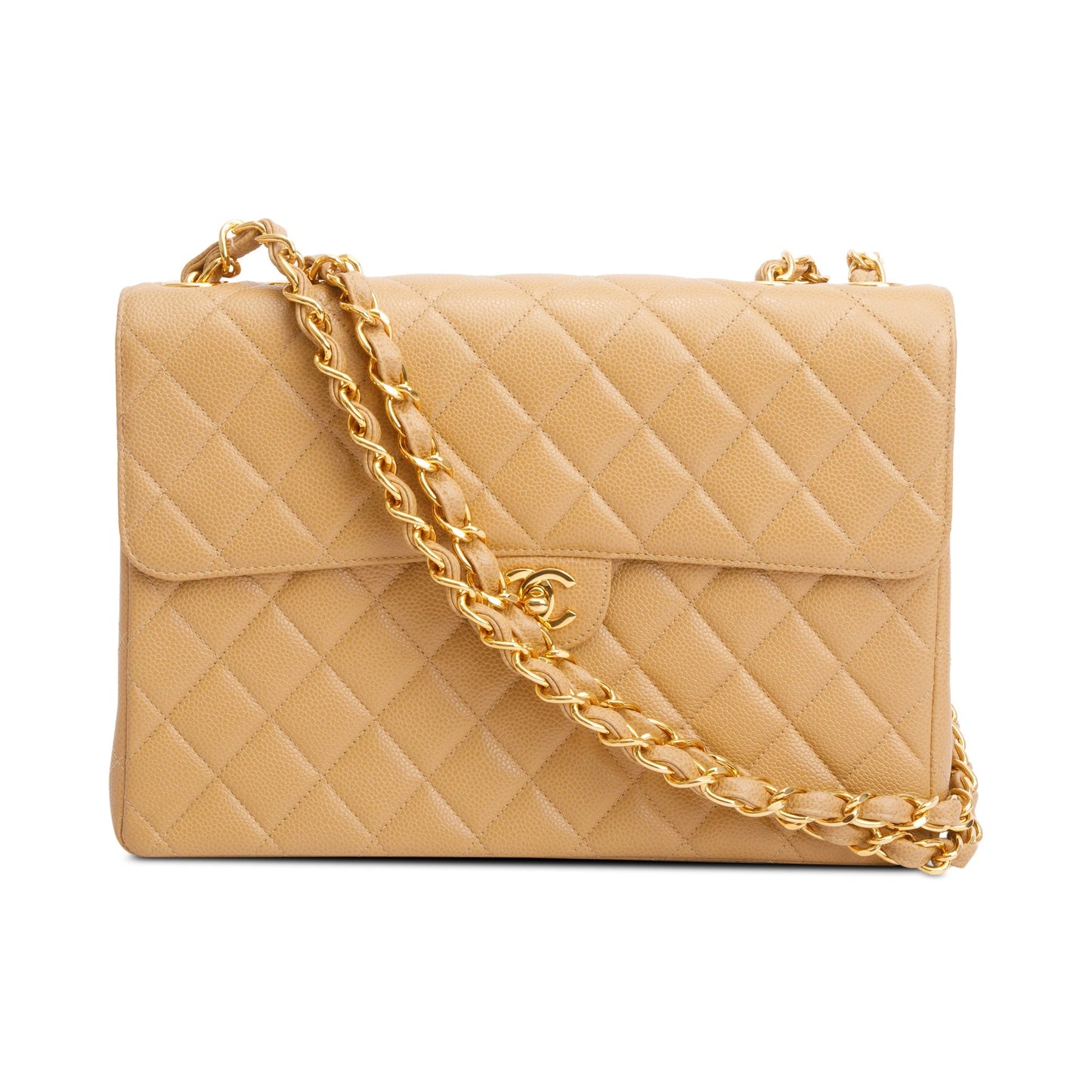 Chanel Vintage Beige Caviar Square Classic Jumbo Single Flap Bag