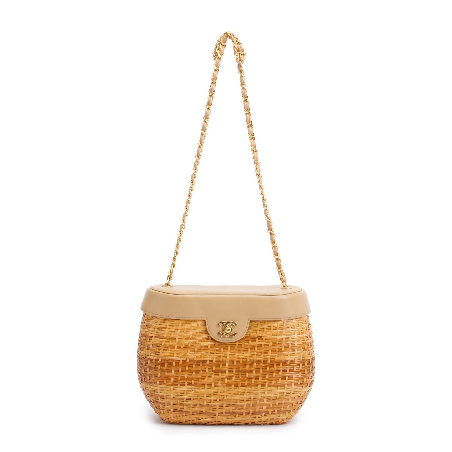 Chanel Vintage Beige Lambskin Leather Wicker Basket Bag