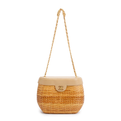 Chanel Vintage Beige Lambskin Leather Wicker Basket Bag