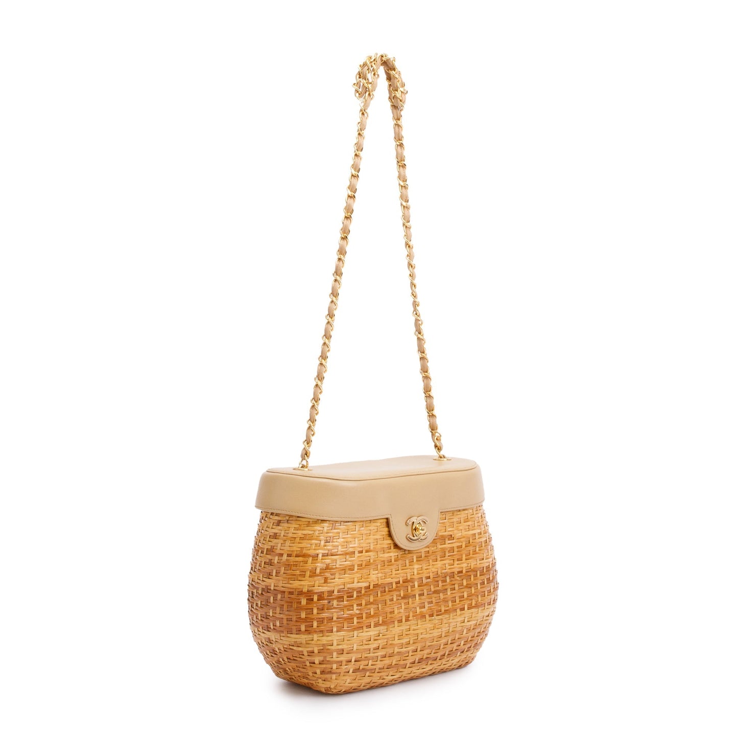 Chanel Vintage Beige Lambskin Leather Wicker Basket Bag