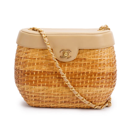 Chanel Vintage Beige Lambskin Leather Wicker Basket Bag