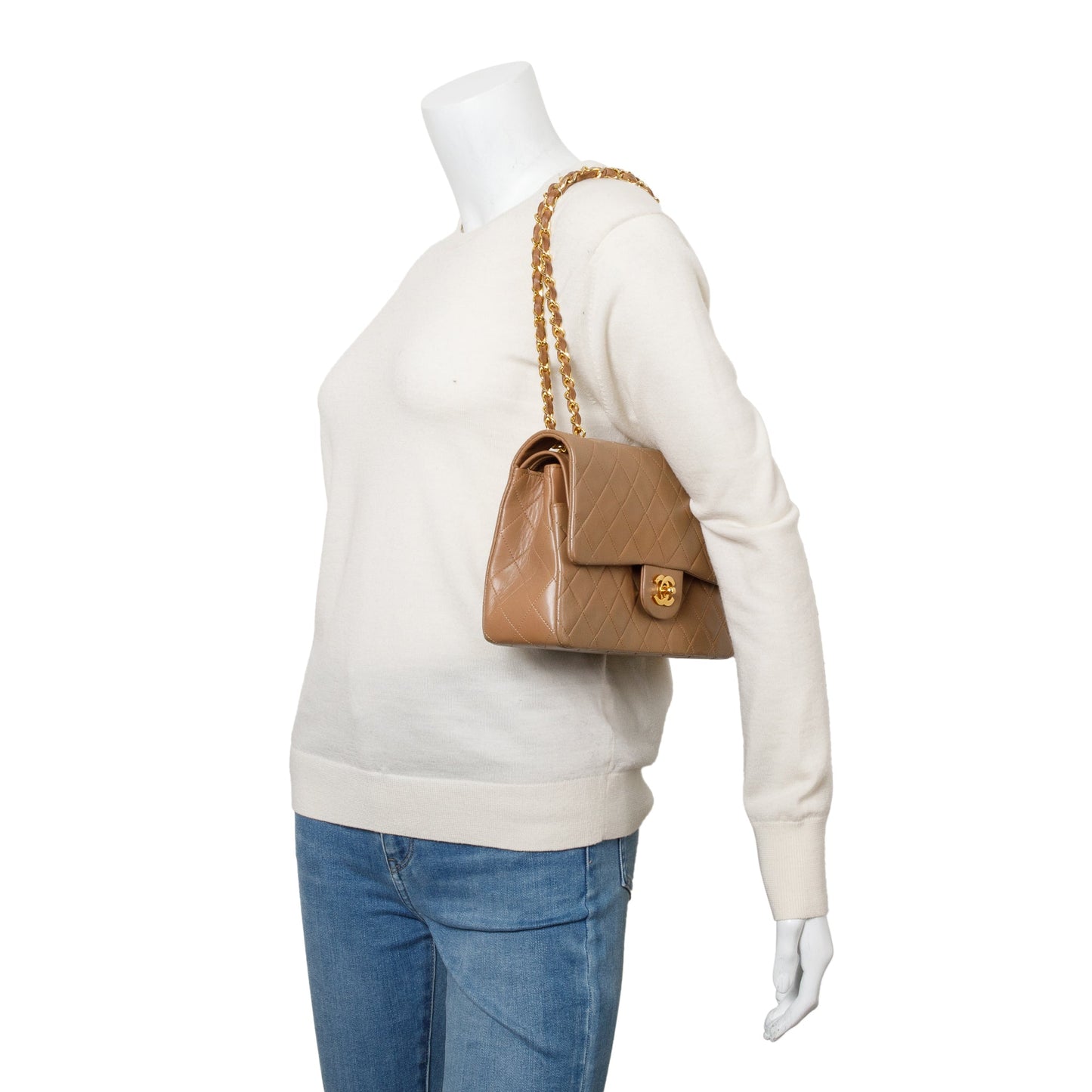 Chanel Vintage Beige Quilted Lambskin Leather Classic Medium Double Flap Bag