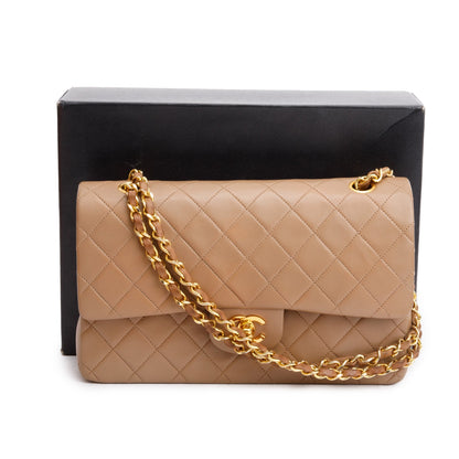 Chanel Vintage Beige Quilted Lambskin Leather Classic Medium Double Flap Bag