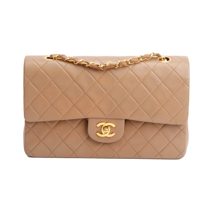 Chanel Vintage Beige Quilted Lambskin Leather Classic Medium Double Flap Bag