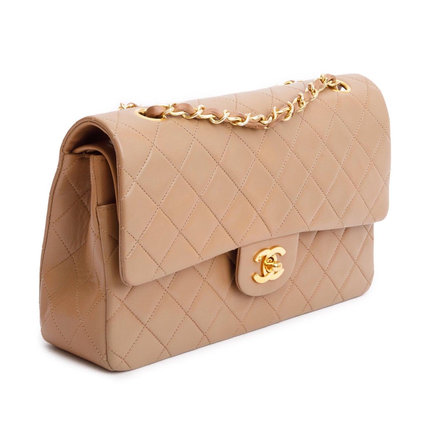Chanel Vintage Beige Quilted Lambskin Leather Classic Medium Double Flap Bag