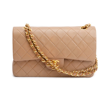 Chanel Vintage Beige Quilted Lambskin Leather Classic Medium Double Flap Bag