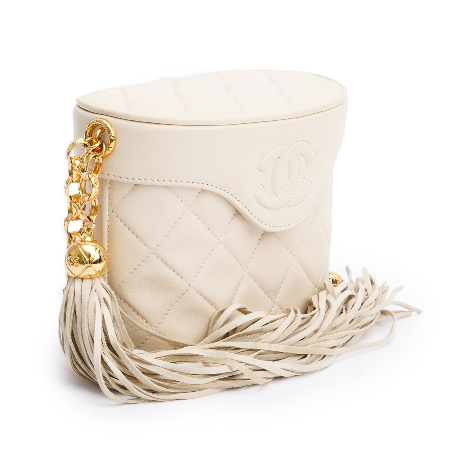 Chanel Vintage Beige Quilted Lambskin Leather Tassel Vanity Case on Chain
