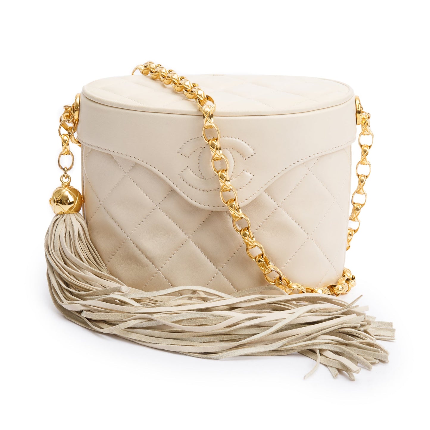 Chanel Vintage Beige Quilted Lambskin Leather Tassel Vanity Case on Chain