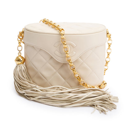 Chanel Vintage Beige Quilted Lambskin Leather Tassel Vanity Case on Chain