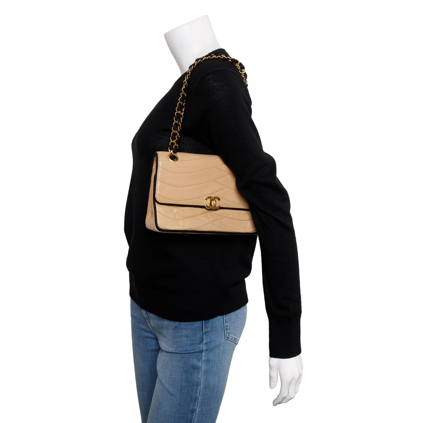 Chanel Vintage Beige Wave Quilted Lambskin Leather Small Flap Bag