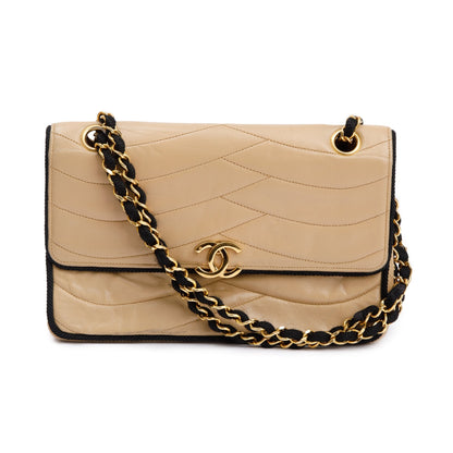 Chanel Vintage Beige Wave Quilted Lambskin Leather Small Flap Bag