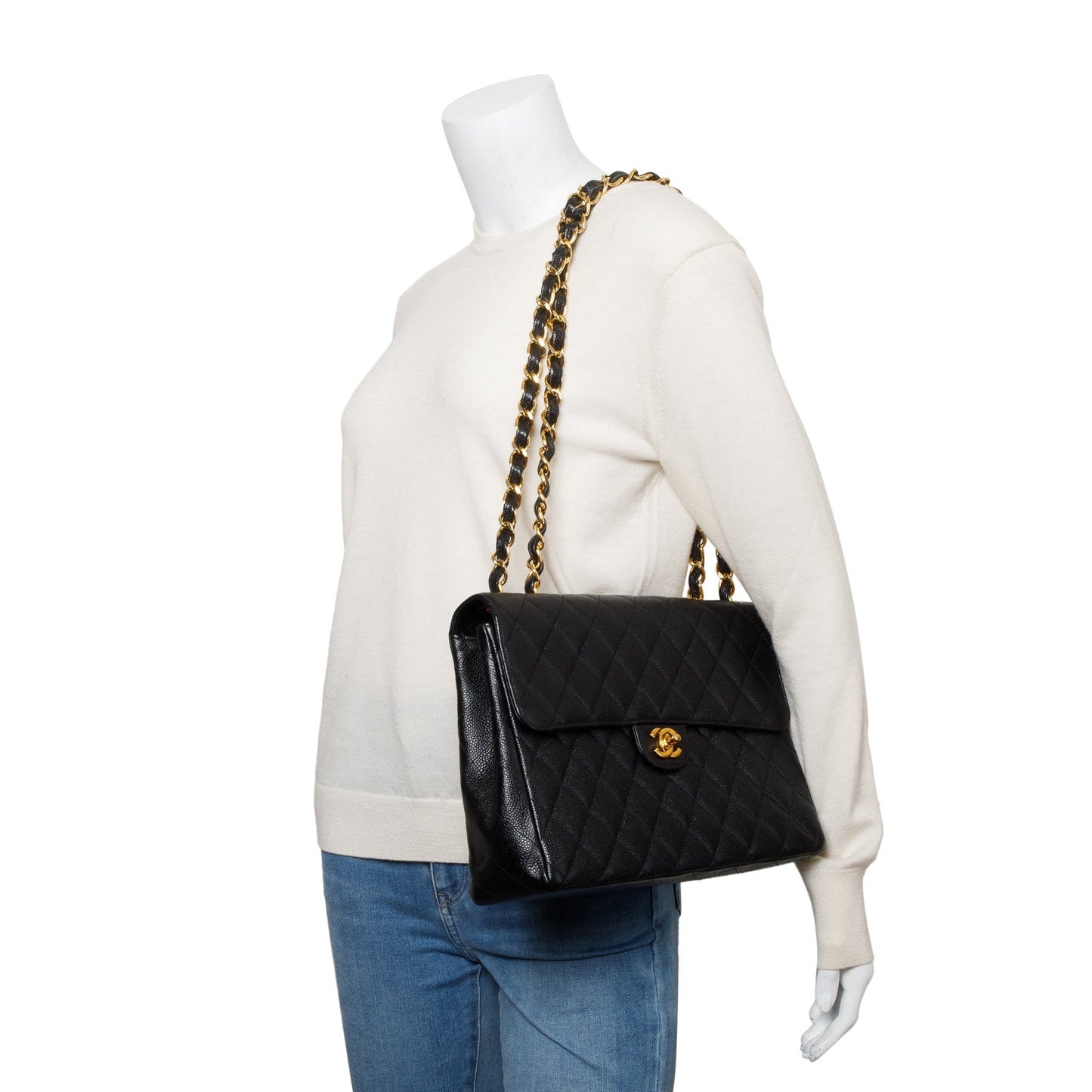 Chanel Vintage Black Caviar Square Classic Jumbo Single Flap Bag