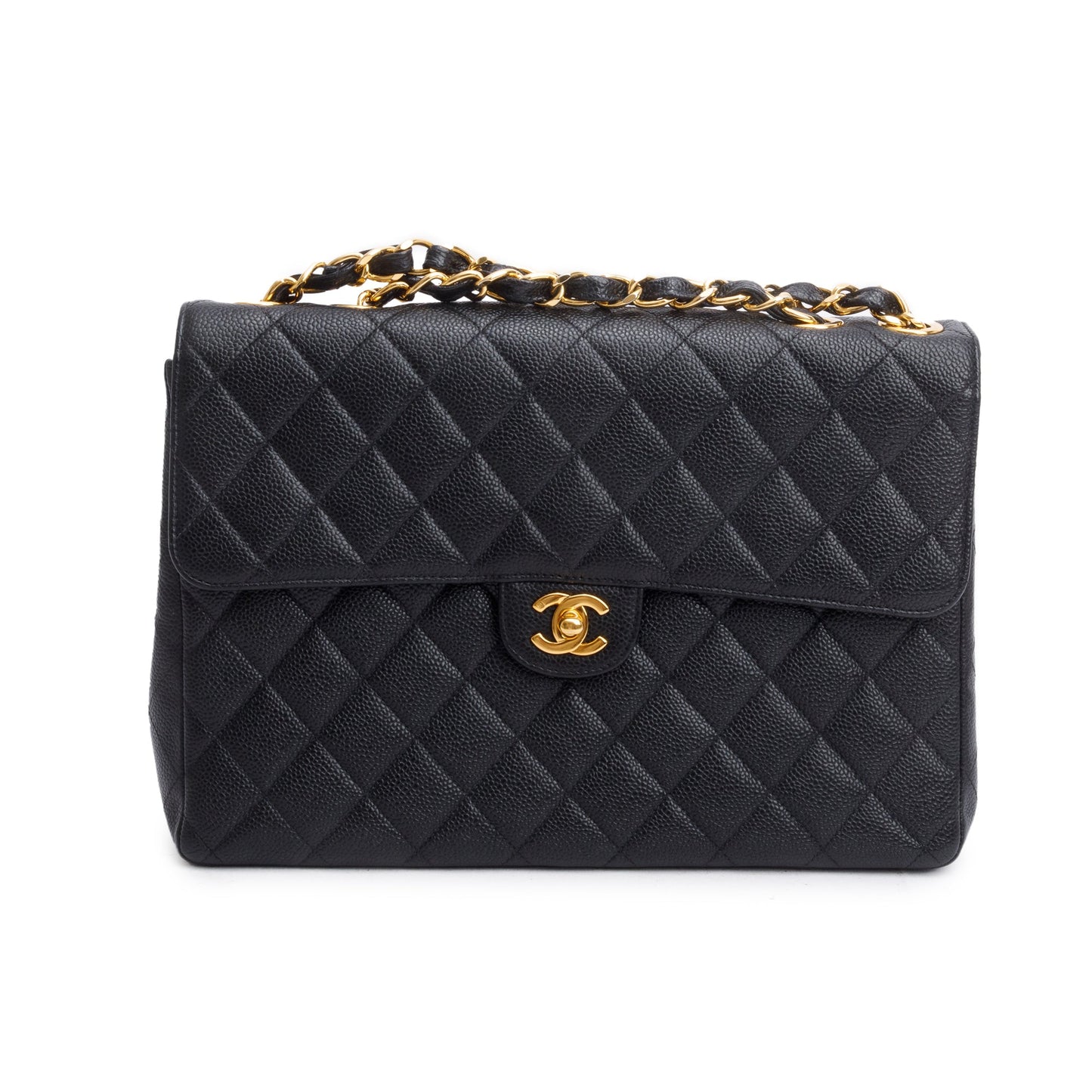 Chanel Vintage Black Caviar Square Classic Jumbo Single Flap Bag