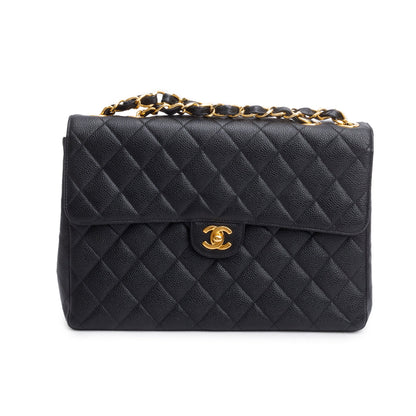 Chanel Vintage Black Caviar Square Classic Jumbo Single Flap Bag