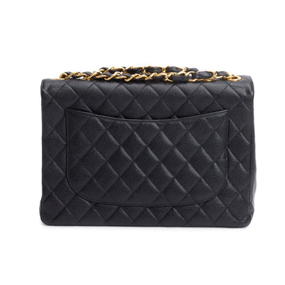 Chanel Vintage Black Caviar Square Classic Jumbo Single Flap Bag