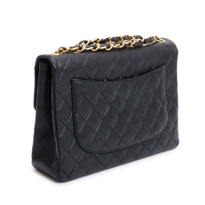 Chanel Vintage Black Caviar Square Classic Jumbo Single Flap Bag